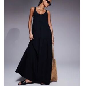 Scoop Neck Black  Tiered Trapeze Maxi Dress 100%Cotton Size 6
